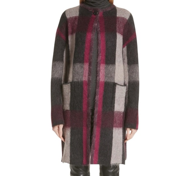 St John Collection Red Gray Brushed Line Plaid Sweater Jacket NWT XL - Picture 1 of 15